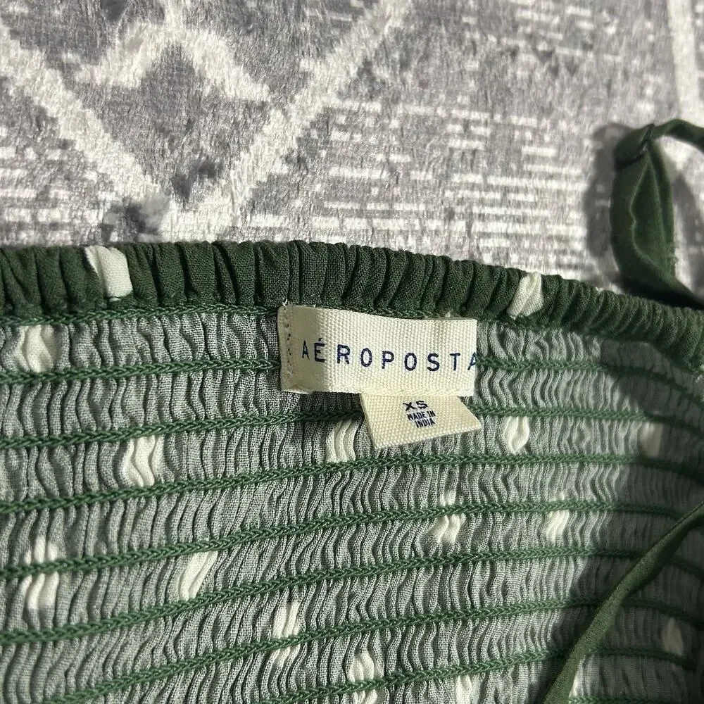 Aéropostale Green White Polka Dot Ruched Midi Dress XS Smocked Back - Picture 4 of 8